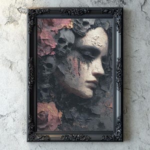Gothic Woman Portrait Digital Art, Dark Academia Impasto Oil Painting with Skulls and Roses, Haunting Pale Lady, Gothic Wall Art