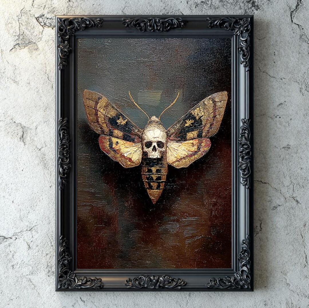 Macabrement Insect Gothic Skull Moth Artwork, Dark Academia Insect and Skull Oil Painting ...