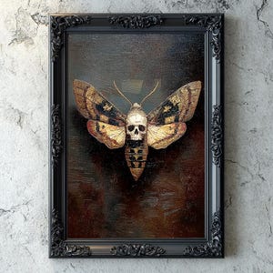 Gothic Skull Moth Artwork, Dark Academia Insect and Skull Oil Painting, Macabre Occult Wall Art, Digital Download, Moth Entomology Wall Art