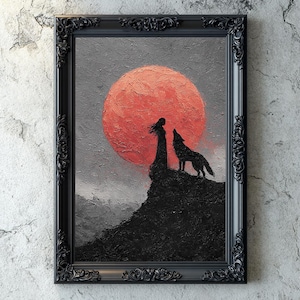 Gothic Blutmond Digitale Kunst, Wolf und Frau Silhouette Impasto Gemälde, Dark Academia Wanddekoration, Witchy Spooky Printable, Roter Mond