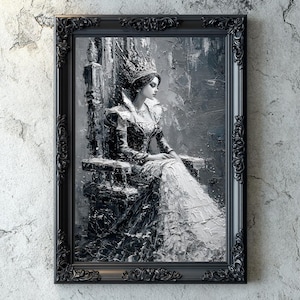 Gothic Wall Art Printable, Snow Queen Sitting on Throne, Dark Fantasy, Impasto Oil Paint, Dark Academia Gothic Queen, Queen Portrait
