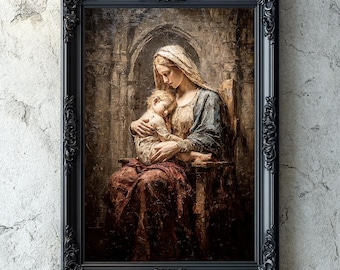 Gothic Religiöse Kunst druckbar, Jungfrau Maria mit Jesuskind Digitales Kunstwerk, Impasto Öl Stil, katholisches christliches Dekor Download, Vintage