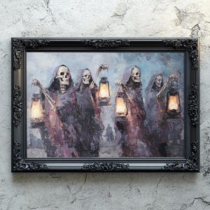 Dark Art Gothic Skeleton Procession Digital Download, Texture Oil Impasto, Download Digital Print