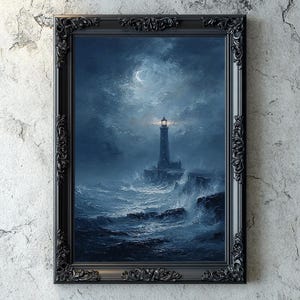 Gothic Leuchtturm Digitale Kunst, Stürmisches Meer Impasto Ölgemälde, Dark Academia Maritime Wanddekoration, Moody Seascape Download, Gothic Decore