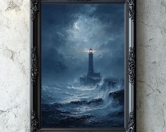 Gothic Lighthouse Digital Art, Stormy Sea Impasto Oil Painting, Dark Academia Nautical Wall Decor, Moody Seascape Download, Gothic Decore
