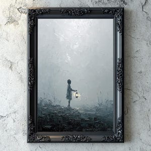 Lantern in the Fog, Atmospheric Gothic Art, Impasto Digital Painting, Dark Academia Decor, Printable Wall Art, Gostly Childs with Lantern