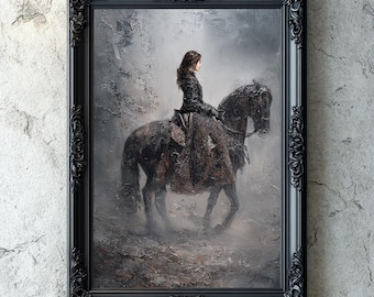 Gothic Victorian Lady on Horse, Dark Academia Art, Vintage Victorian Woman, Dark Print, Printable Gothic Wall Art, Woman on Horse in Forest