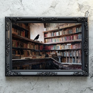 Gothic Dark Academia Wall Art, Raven in Antique Library – Impasto Oil Painting Style, Crow Among Vintage Books