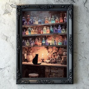 Gothic Digital Wall Art Apothecary Cat, Dark Academia Prints, Digital Artwork, Textured Oil Painting,