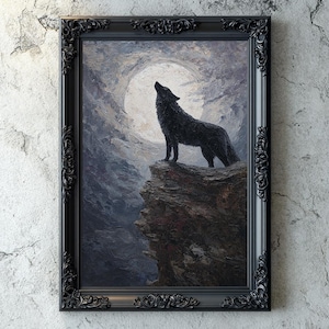 Gothic Wolf Wall Art, Dark Academia, Full Moon, Impasto Oil Painting, Gothic Fantasy Animal Art, Black Wolf Under Moon, Dark Art, Wall Decor