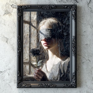 Dark Romantic Girl by the Window, Textured Oil Painting Download, Gothic Wall Art Printable, Mysterious Woman Holding Black Rose, Dark Art