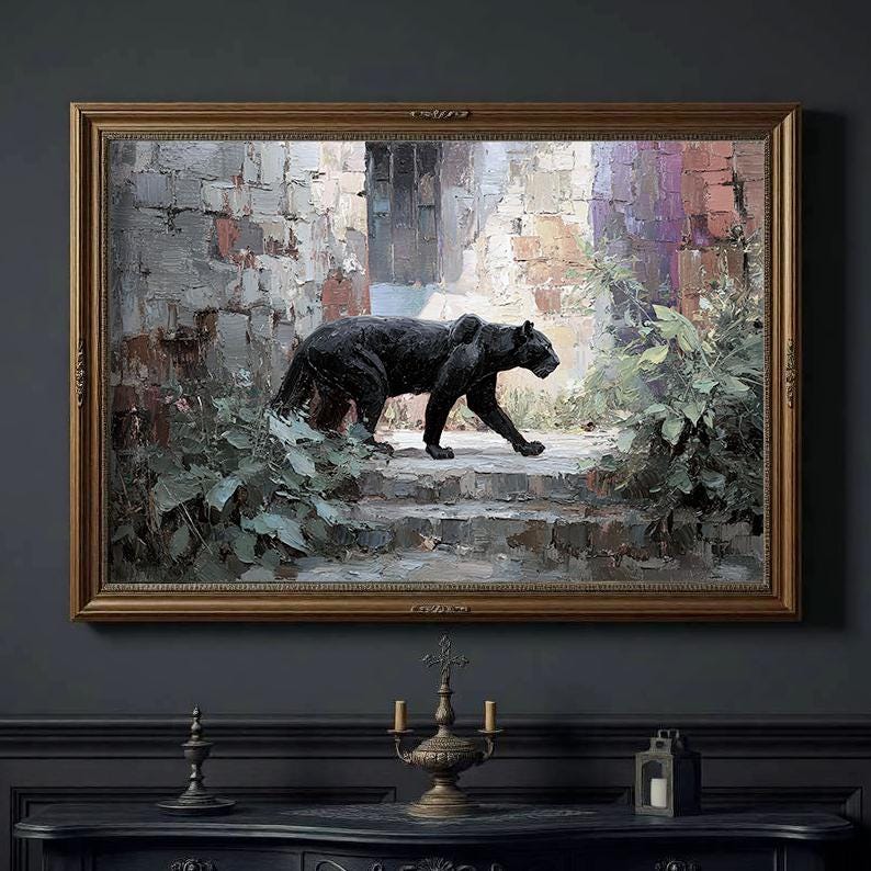 Gothic Dark Academia Art Print Black Panther in the Ruins, Impasto Oil ...