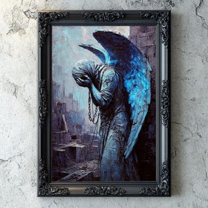 Dark Gothic Fallen Angel with Blue Tones, Gothic Oil Impasto Painting Download Print