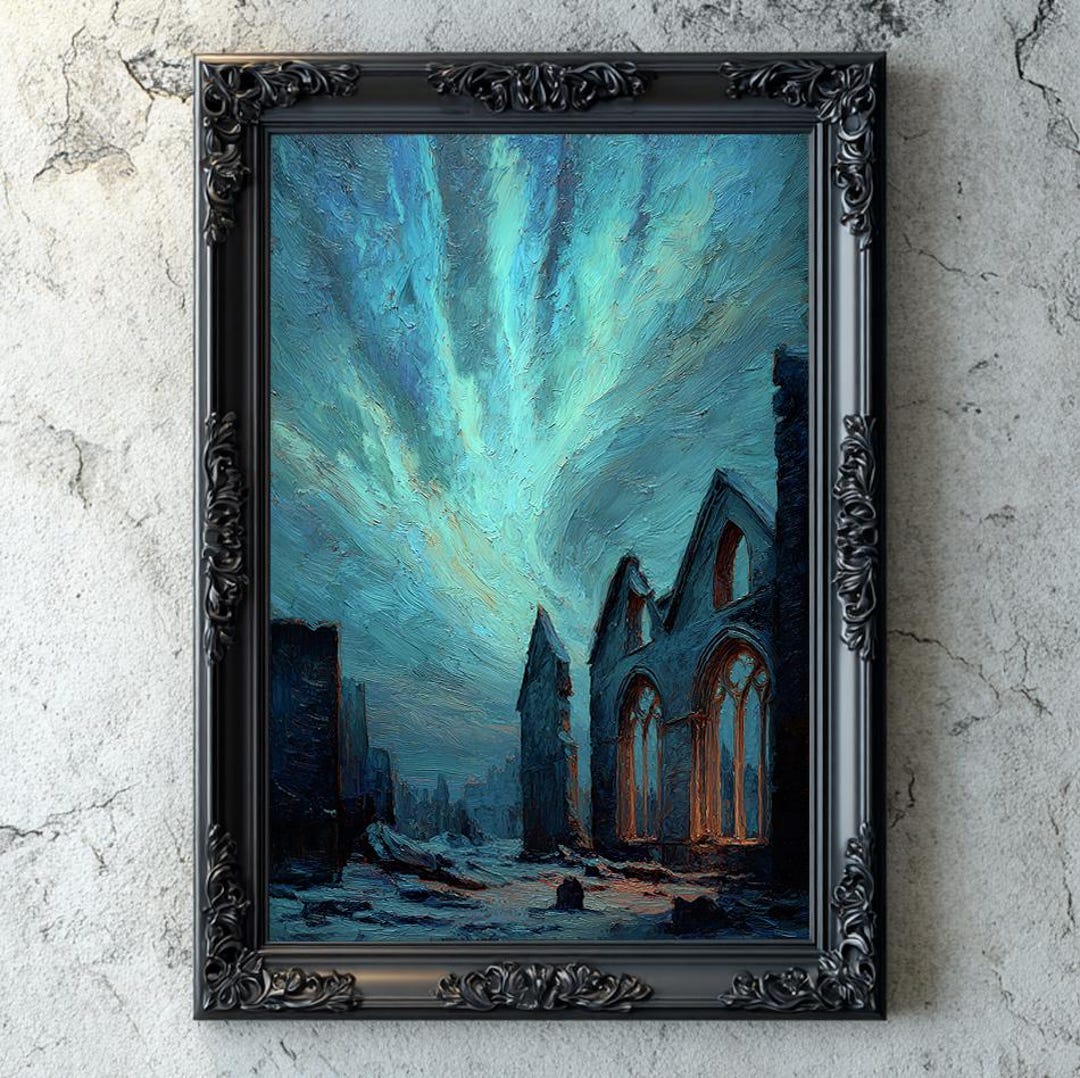 Gothic Cathedral Digital Artwork, Ruins Under Northern Lights, Dark ...