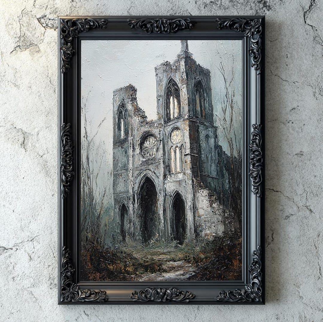 Gothic Cathedral Ruins Digital Artwork, Impasto Oil Style, Dark ...
