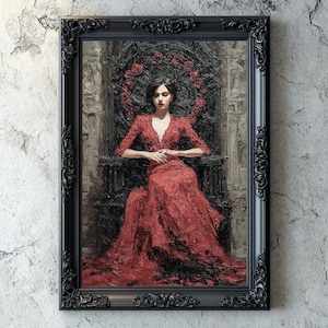 Gothic Lady in Red Digital Art, Dark Academia Impasto Oil Painting Style, Elegant Throne Scene, Dramatic Roses, Printable Wall Decor