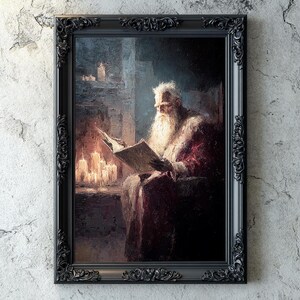 Dark Christmas Santa Artwork, Gothic Digital Oil Painting of Santa Reading by Candlelight, Cozy Yet Haunting Holiday Art, Classical Santa