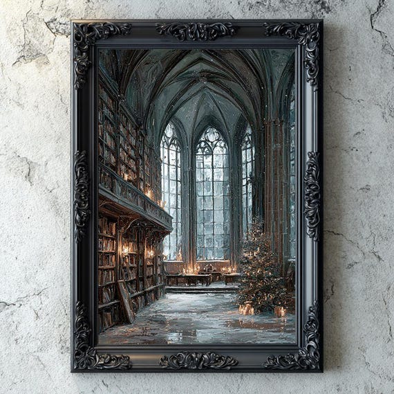 Gothic Cathedral Library Winter Artwork, Dark Academia Digital
