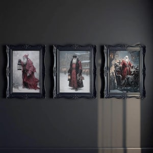 May include: Three framed art prints depicting Santa Claus in various winter scenes. Each piece features Santa in a red coat, with a long white beard, set against a snowy backdrop. The frames are ornate and black, adding a classic touch to the holiday decor.