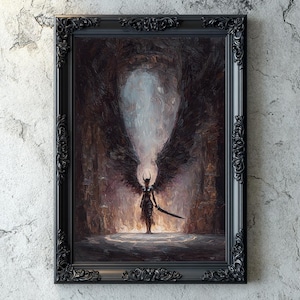 Dark Fantasy Demonic Winged Warrior Artwork, Impasto Painting, Gothic Digital Download Wall Art, Fallen Angel Dark Wings, Fantasy Aesthetics