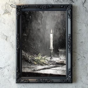 Gothic Still Life Wall Art, Dark Academia Download Print, Impasto Oil Style, Candle Flame & Silver Dagger