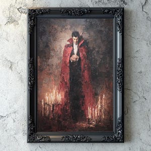 Vampire Portrait Gothic Wall Art, Oil Texture Print, Gothic Dracula-Inspired Art, Dark Academia Decor, Vampire Count Printable Painting