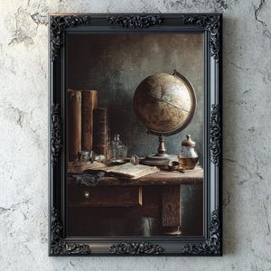 Dark Academia Still Life, Dark Vintage Globe Decor, Old Books & Alchemy Bottles, Oil Paint Textured Art Wall Art Download Print