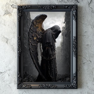 Fallen Angel with Golden Wings and Chains, Gothic Dark Fantasy Wall Art, Printable Oil Painting