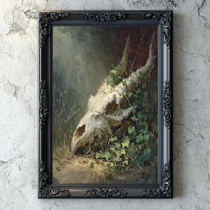 Dark Fantasy Wall Art Echoes of the Fallen Dragon, Gothic Dark Academia Decor, Dragons Skull, Oil Paint, Digital Download Print