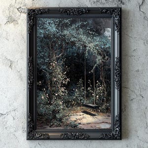 Dark Romantic Garden Printable Artwork, Night Roses, Shadows & Empty Swing, Dramatic Impasto Oil Painting Style Decor for Home, Dark Academy