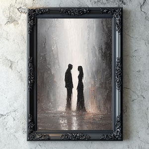 Gothic Love Silhouettes Art Printable, Dramatic Impasto Style Couple in Rain, Emotional Dark Romance Wall Decor Digital Download, Love Art