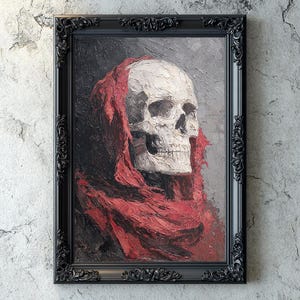 Gothic Skull Wrapped in Red Shroud, Dark Romantic Impasto Oil Painting Digital Download, Memento Mori Skull with Crimson Cloth, Dark Art