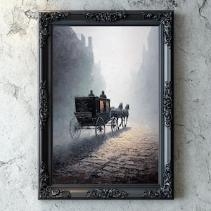 Gothic Carriage in Fog, Moody Victorian Artwork Digital Download, Dramatic Impasto Texture for Dark Academia Home Decoration, Ghostly Horses