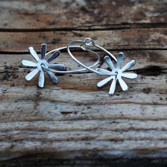 Mediu, Silver Hoop Earrings, Silver Flower Hoops, Silver Flower Earrings, Flower Hoop Earrings, Silver Hoops