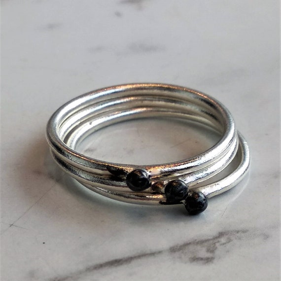 Trio - Thin Silver Stacking Ring Set with a Tiny Black Ball on Top