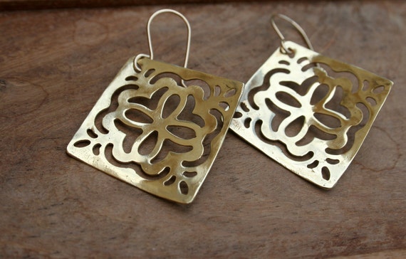 Romantic Snow Flake Square Drop Brass Earrings