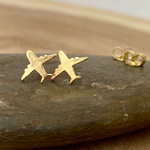 Gold Airplane Stud Earrings, Tiny Gold Jet Studs, Airline Jewellry, Cute Girl Earrings, Tiny Kids Studs, 14K Gold Stud Earrings