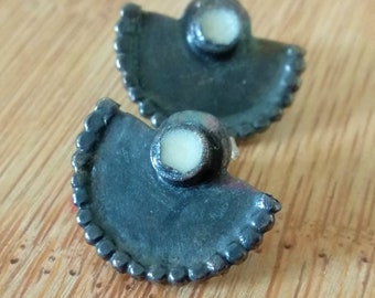 Unique Black Silver Stud Earrings with White Resin Fill