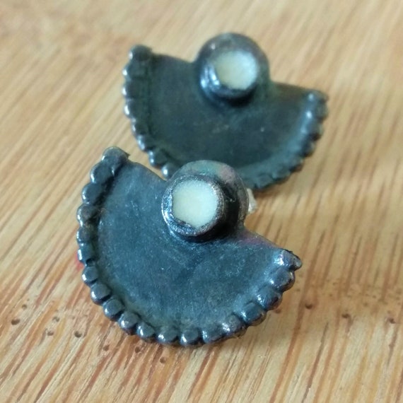 Unique Black Silver Stud Earrings with White Resin Fill