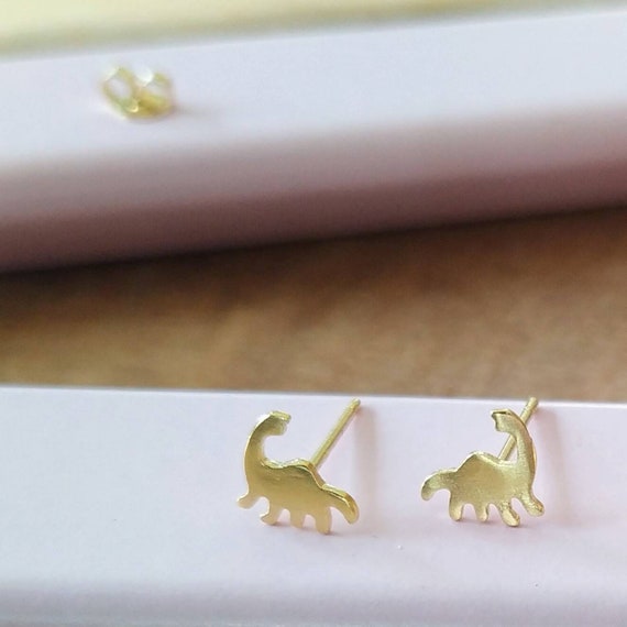 14K Gold Dinosaur Stud Earrings, Tiny Golden Brontosaurus Studs, Solid Gold Studs for Girls