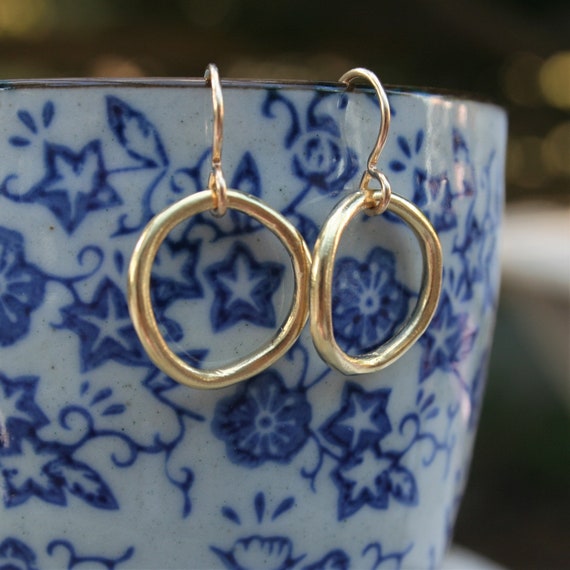 Gold circle dangle earrings, Open Circle Dangles, organic gold earrings, delicate  1.5 CMs gold plated earrings