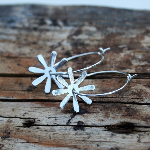 Silver Flower Hoops, Silver Flower Earrings, Flower Hoop Earrings, Silver Hoops