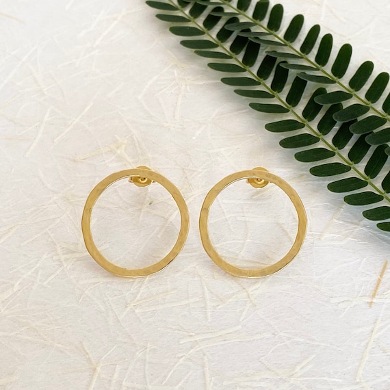 14K Gold Hammered Circle Stud Earrings, Contemporary Circle Earrings, Modern Minimalist Gold Earrings