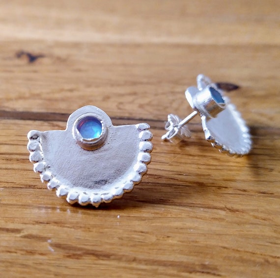 Mother's Day Gift, Unique Silver Stud Earrings with an Opal Cabochon, Geometric Silver Studs, Boho Silver & Opal Studs,  Artisan Silver Stud