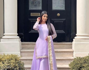 Designer Levander Georgette Lace Work Sharara Suit Punjabi Patiala Custom made Suit For Women's And Girls Outfits For Women's USA UK Sharara