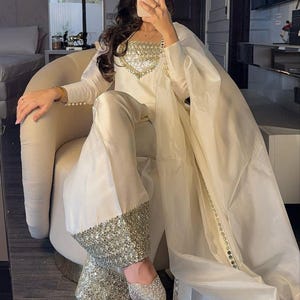 Designer White Farshi Shalwar Kameez Suit Heavy Eid Edit Punjabi Patiala Suit Farsi Salwar Suit Satin Silk Custom Made for Girls and Women