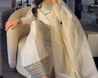 Designer White Farshi Shalwar Kameez Suit Heavy Eid Edit Punjabi Patiala Suit Farsi Salwar Suit Satin Silk Custom Made for Girls and Women