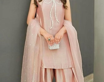 Pakistani FARSHI lava/lama Silk Two-Piece Shalwar Kameez with Organza Dupatta & Elegant silver Bow Neckline