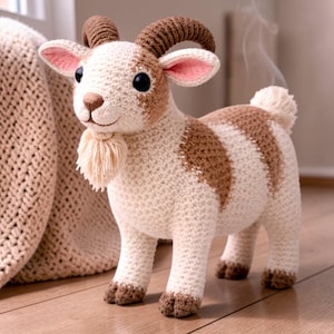 May include: A handmade crochet goat figurine in cream and brown. The goat has large black eyes, pink-lined ears, and a fluffy beard. The horns and hooves are brown. The goat is standing on a wooden surface.