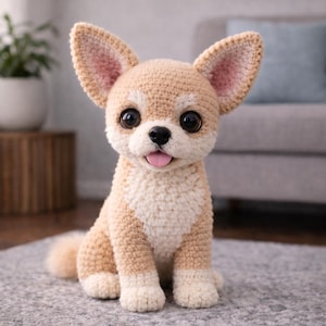 Puede incluir: Un perro chihuahua de ganchillo con ojos grandes y expresivos y una lengua rosa. El perro es de color beige y crema, con orejas grandes y erguidas. Está sentado sobre una alfombra gris.